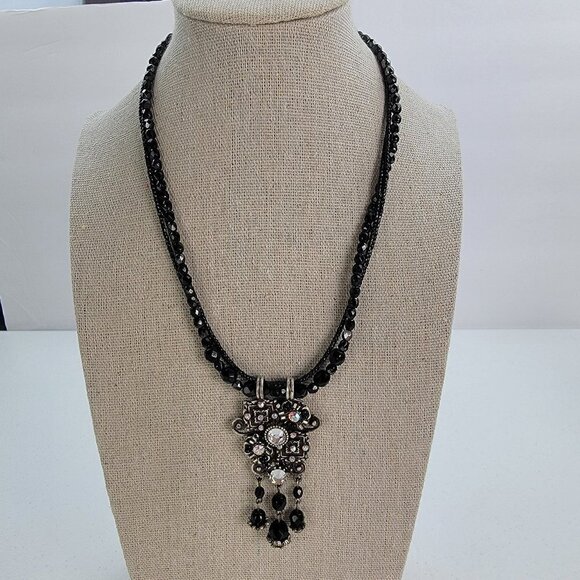 Creations Georgianni Silver-Tone Crystal Pendant Black Beaded Necklace 16"